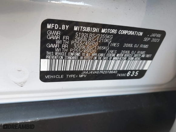 2024 Mitsubishi Outlander SE with VIN JA4J4VA87RZ018640, listed as a IAAI auction lot 41820246 with 5,430 mi miles. Bid and sale history available at carsss.com. Image 9.
