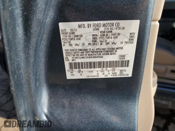 2011 Ford Escape Hybrid with VIN 1FMCU4K3XBKB65542, listed as a Copart auction lot 42098665 with 134,295 mi miles and Salvage title. Bid and sale history available at DreamBid. Image 15.