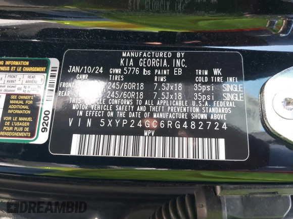 2024 Kia Telluride LX z VIN 5XYP24GC6RG482724, wystawiony jako IAAI lot #41806081 z przebiegiem 37 700 mil mil oraz . Historia ofert i sprzedaży dostępna na DreamBid. Obrazek 9.