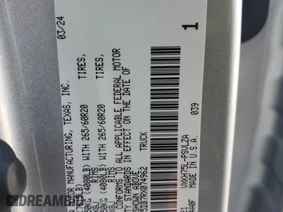 2024 Toyota Tundra Limited Hybrid z VIN 5TFJC5DB7RX074962, wystawiony jako Copart lot #88689145 z przebiegiem 7 853 mil mil oraz Szkoda całkowita • Salvage title. Historia ofert i sprzedaży dostępna na DreamBid. Obrazek 14.