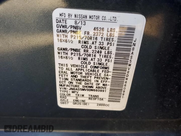 2013 Nissan Rogue S with VIN JN8AS5MV8DW660991, listed as a Copart auction lot 47383145 with 127,382 mi miles and Salvage Title. Bid and sale history available at DreamBid. Image 13.