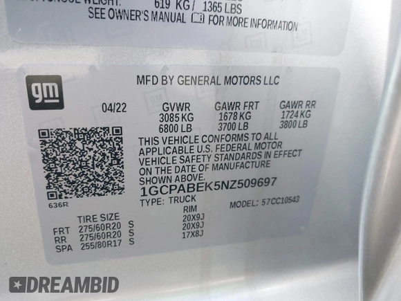 2022 Chevrolet Silverado 1500 Custom with VIN 1GCPABEK5NZ509697, listed as a IAAI auction lot 41844929 with 14,610 mi miles and . Bid and sale history available at DreamBid. Image 9.