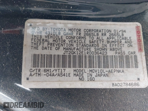 1994 Toyota Camry LE z VIN JT2GK12E1R0036423, wystawiony jako IAAI lot #41922375 z przebiegiem 211 529 mil mil oraz . Historia ofert i sprzedaży dostępna na DreamBid. Obrazek 9.