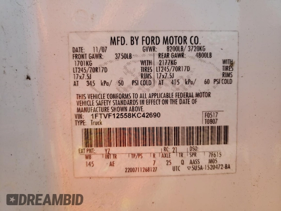 2008 Ford F-150 XL с VIN 1FTVF12558KC42690, выставлен на аукционе Copart как лот 74111474 с пробегом 284 372 миль миль и Списание • Salvage title. История ставок и продаж доступна на DreamBid. Изображение 12.