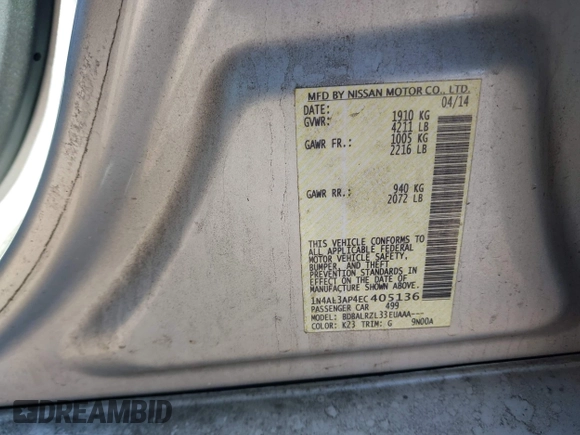 2014 Nissan Altima SV with VIN 1N4AL3AP4EC405136, listed as a IAAI auction lot 41734948 with 175,072 mi miles and . Bid and sale history available at DreamBid. Image 9.