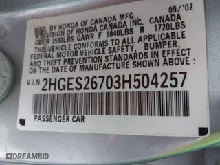 2003 Honda Civic EX with VIN 2HGES26703H504257, listed as a IAAI auction lot 41384238 with 180,922 mi miles. Bid and sale history available at carsss.com. Image 9.
