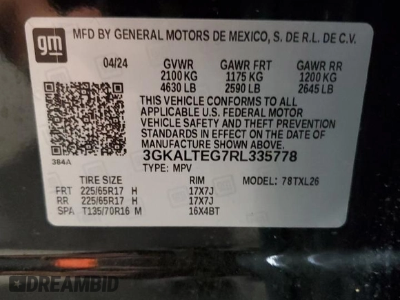 2024 GMC Terrain SLE with VIN 3GKALTEG7RL335778, listed as a Copart auction lot 55451515 with 28,324 mi miles and Salvage title. Bid and sale history available at DreamBid. Image 13.