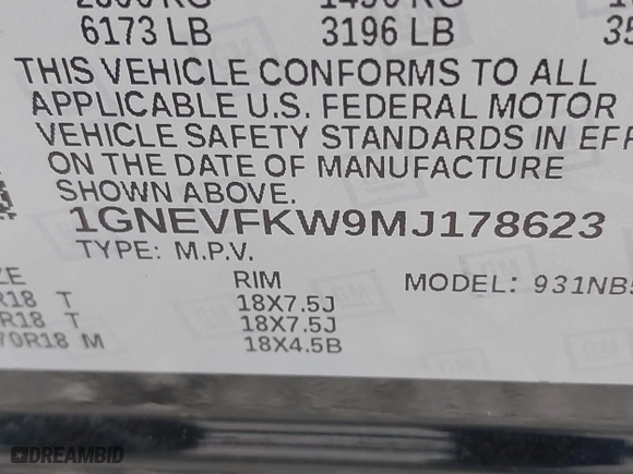 2021 Chevrolet Traverse LS with VIN 1GNEVFKW9MJ178623, listed as a IAAI auction lot 41710477 with 58,625 mi miles. Bid and sale history available at carsss.com. Image 9.