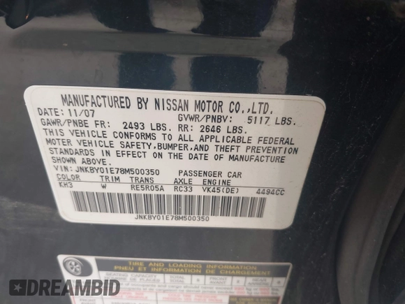 2008 Infiniti M with VIN JNKBY01E78M500350, listed as a IAAI auction lot 41740865 with Not provided miles and . Bid and sale history available at DreamBid. Image 9.