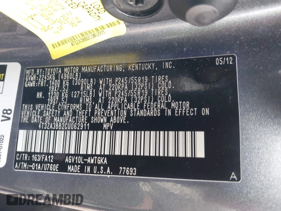 2012 Toyota Venza LE with VIN 4T3ZA3BB2CU062911, listed as a IAAI auction lot 41895899 with 168,811 mi miles and . Bid and sale history available at DreamBid. Image 9.