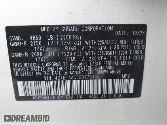 2025 Subaru Outback z VIN 4S4BTAAC8S3170716, wystawiony jako IAAI lot #41979170 z przebiegiem 2 783 mil mil oraz . Historia ofert i sprzedaży dostępna na DreamBid. Obrazek 9.