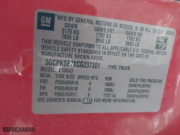 2012 Chevrolet Silverado 1500 LT with VIN 3GCPKSE7XCG237301, listed as a IAAI auction lot 41595958 with 181,857 mi miles. Bid and sale history available at carsss.com. Image 9.