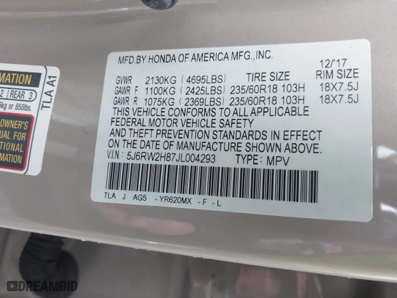 2018 Honda CR-V EX-L with VIN 5J6RW2H87JL004293, listed as a IAAI auction lot 41842161 with 79,703 mi miles. Bid and sale history available at carsss.com. Image 9.