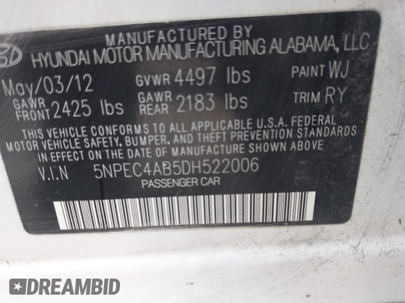 2013 Hyundai Sonata Limited with VIN 5NPEC4AB5DH522006, listed as a IAAI auction lot 41532895 with 189,161 mi miles and . Bid and sale history available at DreamBid. Image 9.