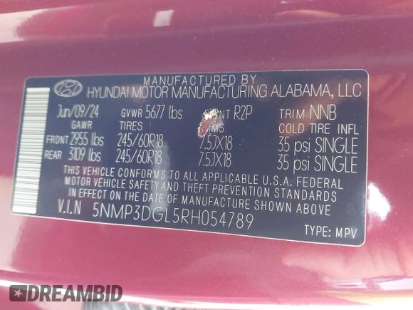 2024 Hyundai Santa Fe XRT z VIN 5NMP3DGL5RH054789, wystawiony jako IAAI lot #42057333 z przebiegiem 14 403 mil mil oraz . Historia ofert i sprzedaży dostępna na DreamBid. Obrazek 9.