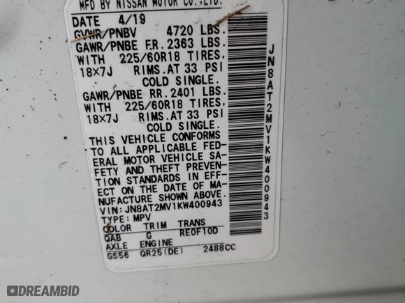 2019 Nissan Rogue SV with VIN JN8AT2MV1KW400943, listed as a Copart auction lot 50057015 with 70,451 mi miles and Salvage Title. Bid and sale history available at carsss.com. Image 13.