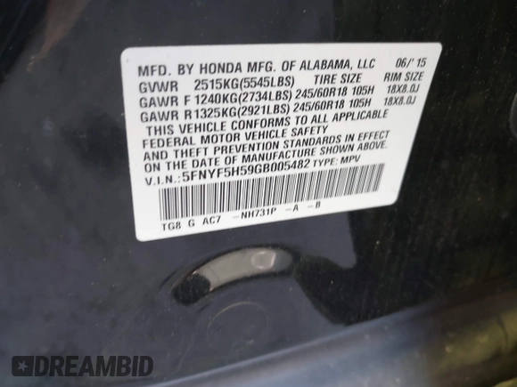 2016 Honda Pilot EX-L with VIN 5FNYF5H59GB005482, listed as a IAAI auction lot 41304248 with 127,092 mi miles and . Bid and sale history available at DreamBid. Image 9.