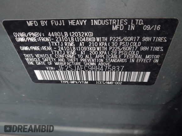 2017 Subaru Forester Premium with VIN JF2SJAEC9HH475837, listed as a IAAI auction lot 41408819 with 107,736 mi miles and . Bid and sale history available at DreamBid. Image 9.
