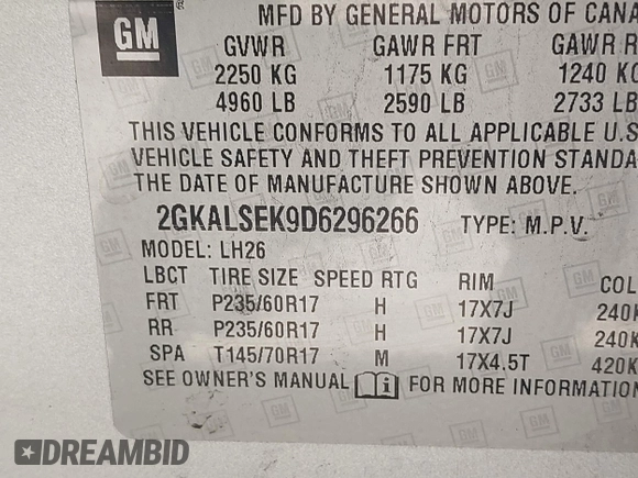 2013 GMC Terrain SLE with VIN 2GKALSEK9D6296266, listed as a IAAI auction lot 42131330 with 118,778 mi miles. Bid and sale history available at carsss.com. Image 9.