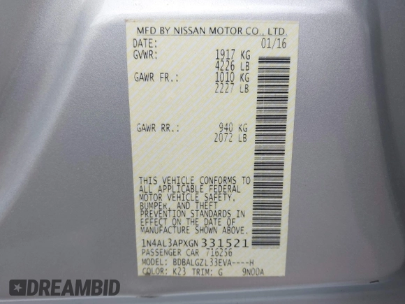 2016 Nissan Altima S z VIN 1N4AL3APXGN331521, wystawiony jako IAAI lot #42044462 z przebiegiem 119 130 mil mil oraz . Historia ofert i sprzedaży dostępna na DreamBid. Obrazek 9.