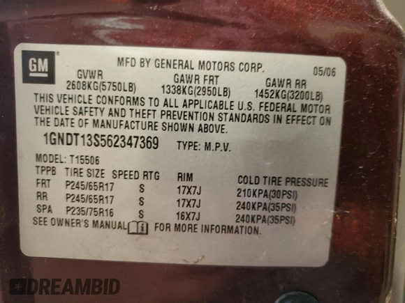 2006 Chevrolet TrailBlazer LS with VIN 1GNDT13S562347369, listed as a Copart auction lot 61377934 with 173,345 mi miles and Non Repairable. Bid and sale history available at DreamBid. Image 13.