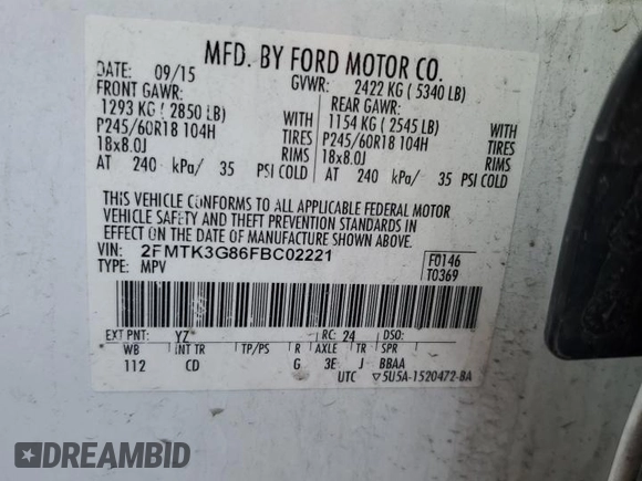 2015 Ford Edge SE with VIN 2FMTK3G86FBC02221, listed as a Copart auction lot 50091595 with 150,335 mi miles and Salvage title. Bid and sale history available at DreamBid. Image 12.