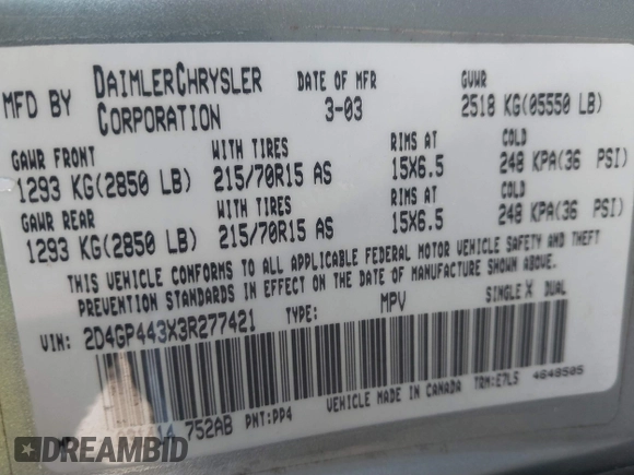 2003 Dodge Grand Caravan with VIN 2D4GP443X3R277421, listed as a IAAI auction lot 41035290 with 243,568 mi miles and . Bid and sale history available at DreamBid. Image 9.