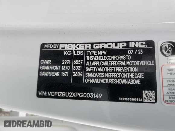 2023 Fisker Ocean One z VIN VCF1ZBU2XPG003149, wystawiony jako Copart lot #50105195 z przebiegiem Nie podano mil oraz Szkody całkowita. Historia ofert i sprzedaży dostępna na DreamBid. Obrazek 12.