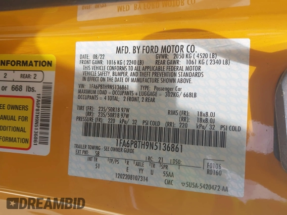 2022 Ford Mustang EcoBoost с VIN 1FA6P8TH9N5136861, выставлен на аукционе IAAI как лот 42299180 с пробегом 25 024 миль миль и . История ставок и продаж доступна на DreamBid. Изображение 9.