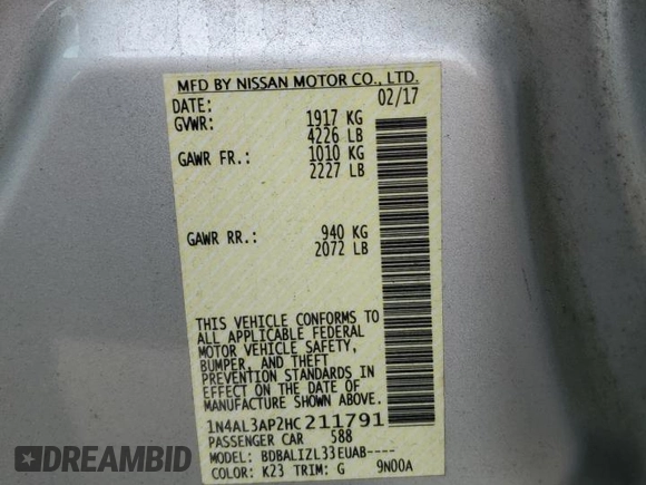 2017 Nissan Altima SV with VIN 1N4AL3AP2HC211791, listed as a Copart auction lot 51062005 with 122,216 mi miles and Salvage title. Bid and sale history available at DreamBid. Image 12.