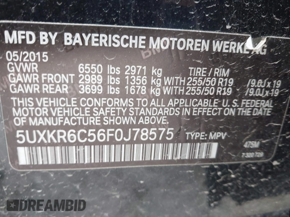 2015 BMW X5 xDrive50i z VIN 5UXKR6C56F0J78575, wystawiony jako IAAI lot #41933018 z przebiegiem Nie podano mil oraz . Historia ofert i sprzedaży dostępna na DreamBid. Obrazek 9.