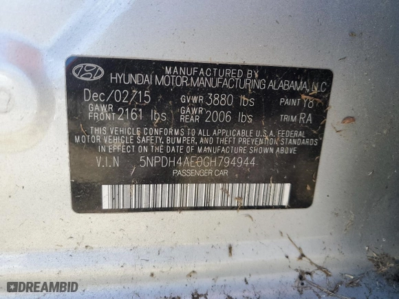 2016 Hyundai Elantra GL with VIN 5NPDH4AE0GH794944, listed as a Copart auction lot 50978145 with 130,901 mi miles and Clean Title. Bid and sale history available at carsss.com. Image 12.