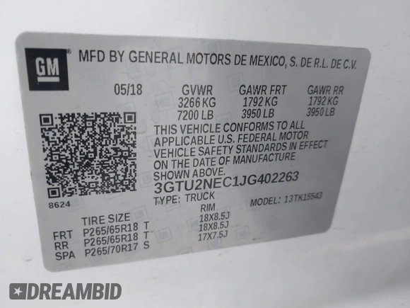 2018 GMC Sierra 1500 SLT z VIN 3GTU2NEC1JG402263, wystawiony jako IAAI lot #41786328 z przebiegiem 100 097 mil mil oraz . Historia ofert i sprzedaży dostępna na DreamBid. Obrazek 9.