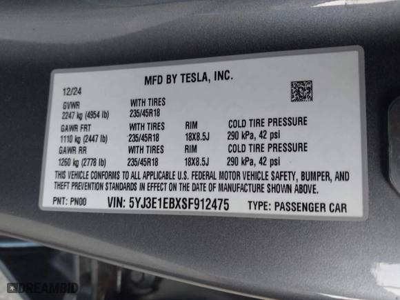 2025 Tesla Model 3 Long Range with VIN 5YJ3E1EBXSF912475, listed as a IAAI auction lot 41449488 with 3,100 mi miles. Bid and sale history available at carsss.com. Image 9.