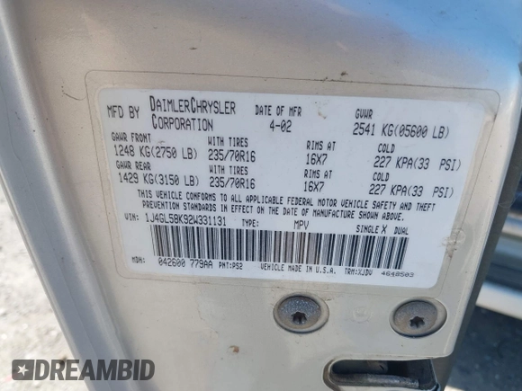 2002 Jeep Liberty Limited with VIN 1J4GL58K92W331131, listed as a IAAI auction lot 42131647 with Not provided miles and . Bid and sale history available at DreamBid. Image 9.