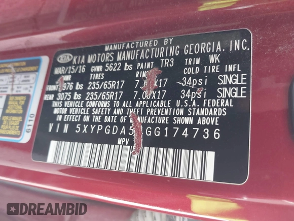 2016 Kia Sorento LX with VIN 5XYPGDA56GG174736, listed as a IAAI auction lot 41897778 with 162,512 mi miles and . Bid and sale history available at carsss.com. Image 9.