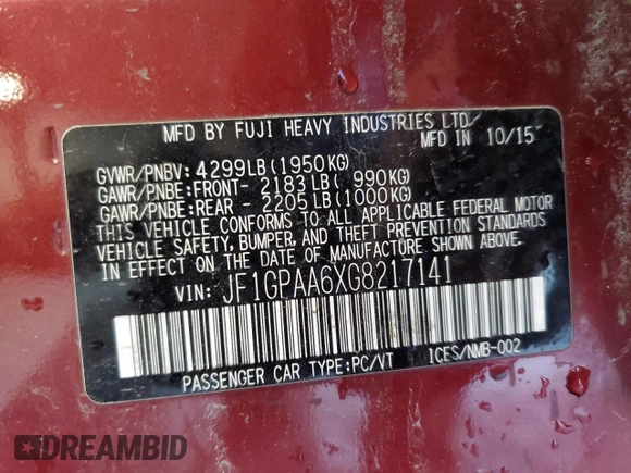 2016 Subaru Impreza 2.0i with VIN JF1GPAA6XG8217141, listed as a Copart auction lot 61373875 with 47,806 mi miles and Salvage title. Bid and sale history available at DreamBid. Image 13.