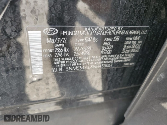 2022 Hyundai Santa Fe Calligraphy with VIN 5NMS54AL8NH450061, listed as a Copart auction lot 54738305 with 74,051 mi miles and Salvage title. Bid and sale history available at DreamBid. Image 14.