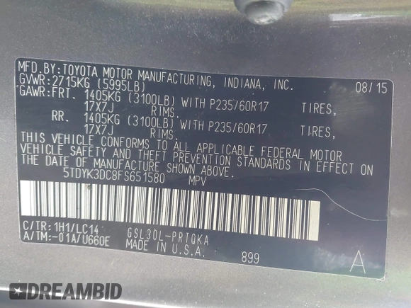 2015 Toyota Sienna XLE with VIN 5TDYK3DC8FS651580, listed as a IAAI auction lot 41971867 with 49,711 mi miles. Bid and sale history available at carsss.com. Image 9.