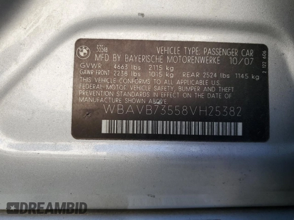 2008 BMW 3 Series 335i with VIN WBAVB73558VH25382, listed as a Copart auction lot 52142795 with 245,001 mi miles and Salvage title. Bid and sale history available at DreamBid. Image 14.