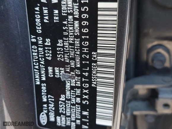 2017 Kia Optima LX 1.6T with VIN 5XXGT4L12HG169951, listed as a Copart auction lot 87221124 with 0 mi miles and Salvage Title. Bid and sale history available at carsss.com. Image 13.