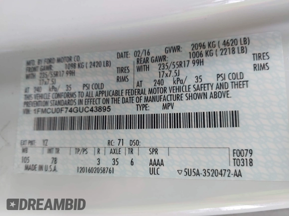 2016 Ford Escape S with VIN 1FMCU0F74GUC43895, listed as a IAAI auction lot 41751608 with 104,647 mi miles. Bid and sale history available at carsss.com. Image 9.