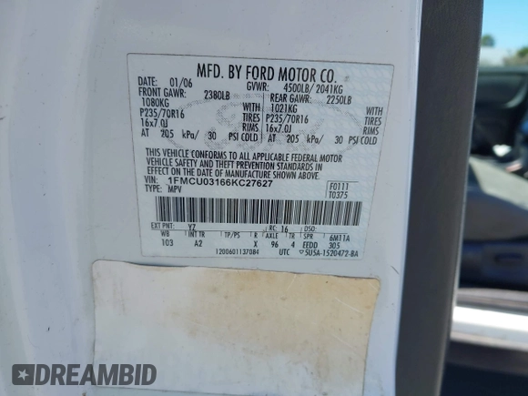 2006 Ford Escape XLT with VIN 1FMCU03166KC27627, listed as a IAAI auction lot 42317217 with 167,738 mi miles and . Bid and sale history available at DreamBid. Image 9.