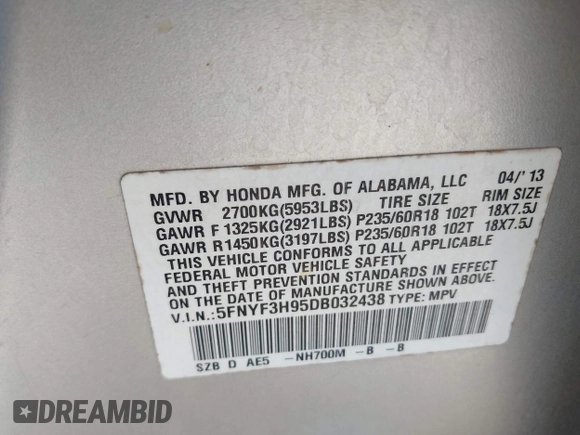 2013 Honda Pilot Touring with VIN 5FNYF3H95DB032438, listed as a IAAI auction lot 41865938 with 298,973 mi miles and . Bid and sale history available at DreamBid. Image 9.