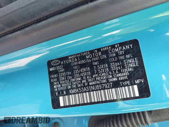 2022 Hyundai Kona Limited with VIN KM8K53A31NU897927, listed as a IAAI auction lot 42263754 with 57,916 mi miles and . Bid and sale history available at DreamBid. Image 9.