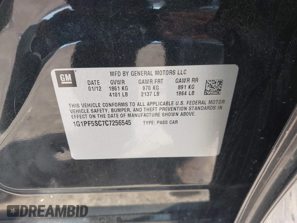 2012 Chevrolet Cruze 1LT with VIN 1G1PF5SC7C7256545, listed as a IAAI auction lot 42115331 with 105,622 mi miles and . Bid and sale history available at DreamBid. Image 13.