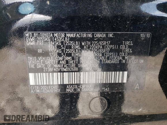 2011 Toyota RAV4 with VIN 2T3BF4DV1BW092688, listed as a Copart auction lot 52232535 with 189,645 mi miles and Salvage Title. Bid and sale history available at carsss.com. Image 14.