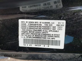 2011 Honda Odyssey EX-L with VIN 5FNRL5H69BB037248, listed as a IAAI auction lot 42613070 with 101,008 mi miles and . Bid and sale history available at DreamBid. Image 9.