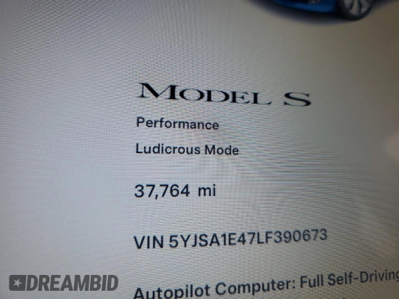 2020 Tesla Model S Performance z VIN 5YJSA1E47LF390673, wystawiony jako Copart lot #50419005 z przebiegiem 37 764 mil mil oraz Szkoda całkowita • Salvage title. Historia ofert i sprzedaży dostępna na DreamBid. Obrazek 9.