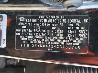 2012 Kia Sorento SX with VIN 5XYKW4A24CG188745, listed as a Copart auction lot 47576515 with 221,592 mi miles and Salvage Title. Bid and sale history available at carsss.com. Image 12.